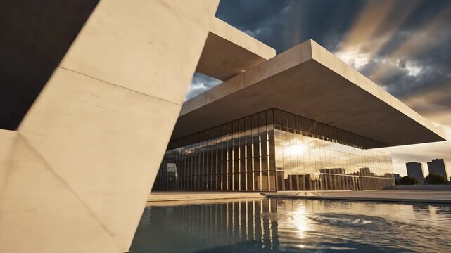 Modern architecture glass facade concrete building reflective pool dramatic sky urban skyline contemporary design sunset light exterior view water reflection modern building reflective glass facade