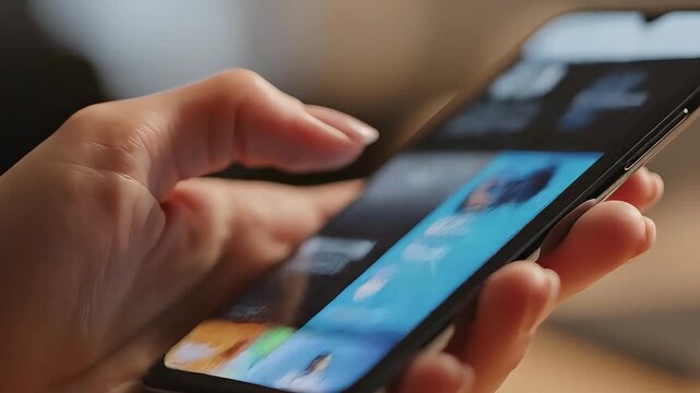 Close up of a person using their finger to scroll through various digital images on a modern smartphone screen display