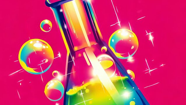 Erlenmeyer flask with glowing liquid bubbles. Chemical reaction in science laboratory. Abstract colorful experiment concept for chemistry study and innovation research.