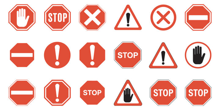 Prohibition Symbols Vector Set, Stop Signs, Traffic Regulation Icons, Warning Triangles, Hand Gestures, Do Not Enter Symbols Collection