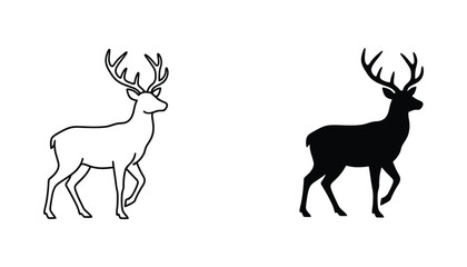 Graceful standing stag or reindeer outline and solid silhouette illustration representing majestic wildlife © Sarah