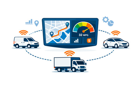 Telematics and fleet management concept showing three small vehicle icons