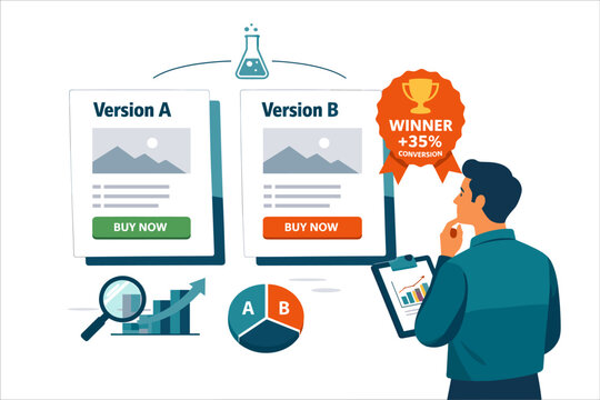 A/B testing and conversion optimization concept depicting two floating