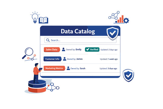 Data catalog and metadata management concept showing a floating catalog