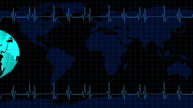 Earth globe animation with ekg lines. Earth globe global health and world map. Earth globe medical technology graphic on black background for global wellness.