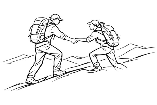 Couple hiking together and shared adventure concept rendered entirely in