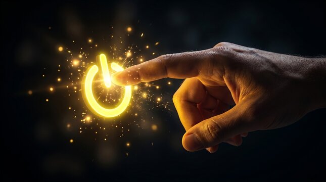 Finger pressing a glowing digital power button with bright golden sparks. Concept of activation and energy.