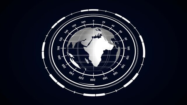 Futuristic globe animation with white neon. Futuristic globe digital measurement dial. Futuristic globe technology interface graphic on black background for tracking.