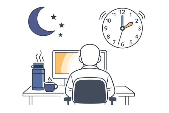 Night shift work and after-hours labor concept showing a figure at a