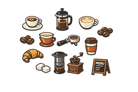 Icon set of twelve coffee culture and caf e lifestyle icons scattered in a