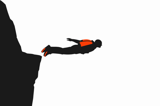 Base jumper launching from a cliff edge and absolute commitment concept as