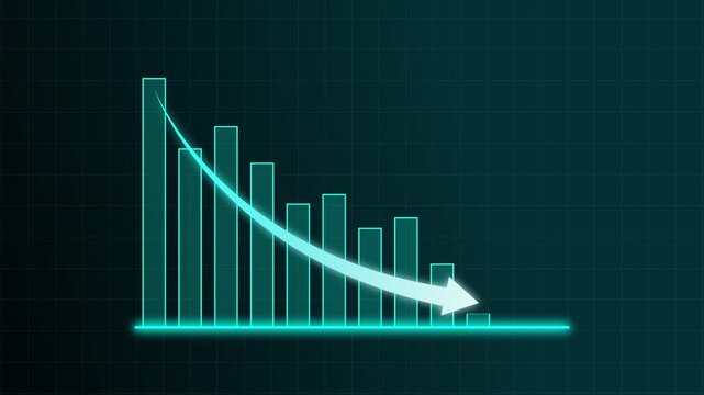 Bar graph animation with cyan arrow. Bar graph financial downward decline on grid. Bar graph business failure graphic on black background for data analytics.