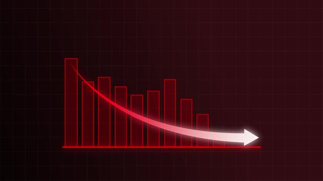 Bar chart animation with red decline. Bar chart financial loss arrow and data. Bar chart business failure graphic on black background for economic tracking.