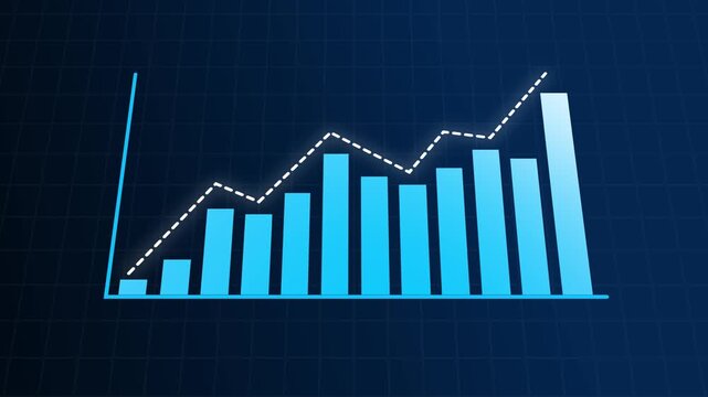 Bar chart animation with upward trend. Bar chart blue financial growth line. Bar chart business success graphic on black background for performance reports.