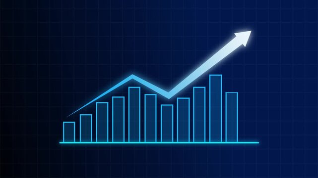 Bar chart animation with up and down. Bar chart financial trend arrows and data. Bar chart business statistics graphic on black background for market analytics.