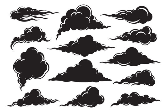 Various stylized cloud illustrations in different shapes and sizes