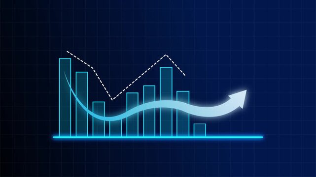 Bar graph animation with downward trend. Bar graph financial decline and dashed line. Bar graph business failure graphic on black background for data stats.