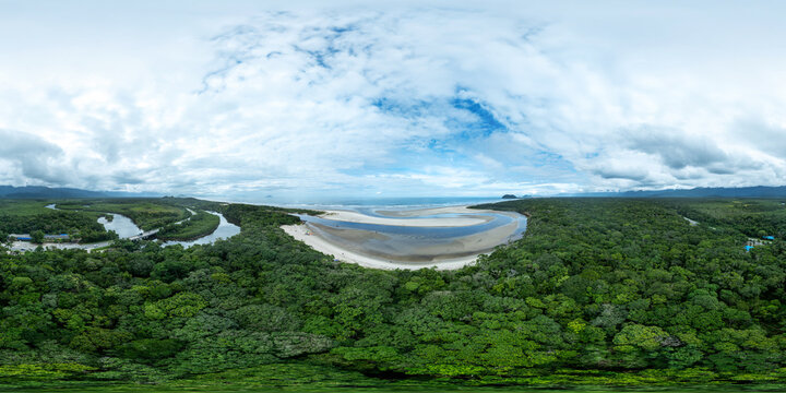 360 Equirectangular aerial panorama of Itaguare Beach and river meeting the sea in Bertioga, Brazil