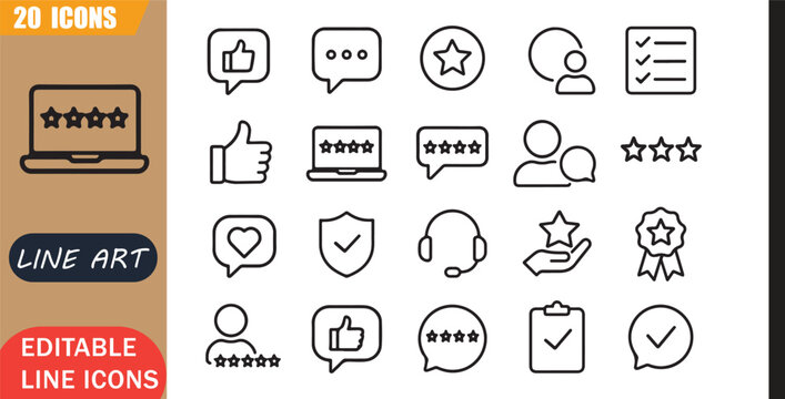 Isolated feedback review icons set, 20 editable line art icons set, rating user experience comment opinion service quality support, review rating feedback system tools, minimal clean outline vector