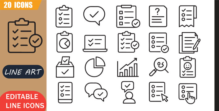 Isolated survey poll icons set, 20 editable line art icons set, question answer data research feedback form response collect, survey form data collection tools, minimal clean outline vector