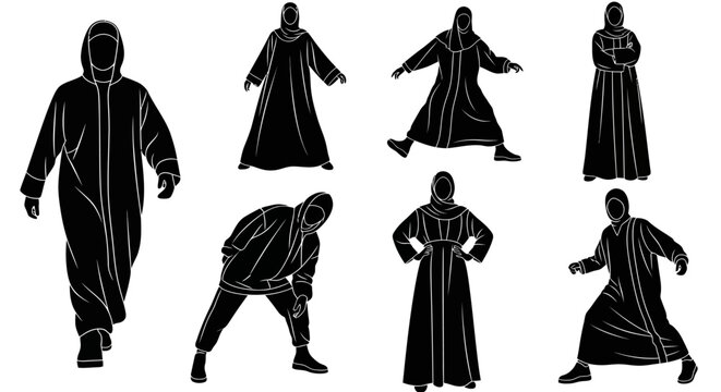 Set of silhouettes of people in traditional djellaba clothing