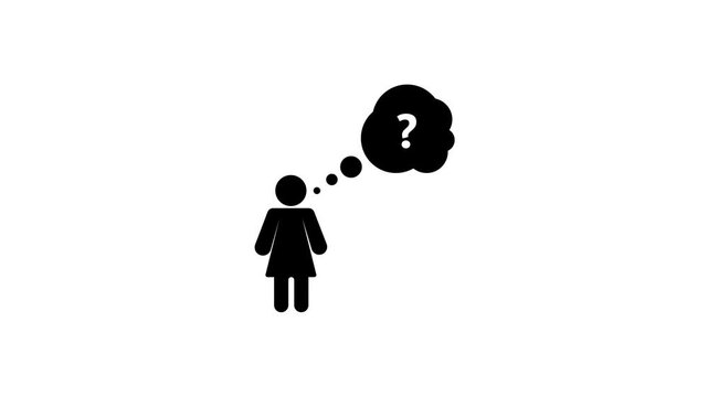 Thinking woman animation with question mark. Thinking woman digital silhouette symbol. Thinking woman help and support graphic on white background for information.