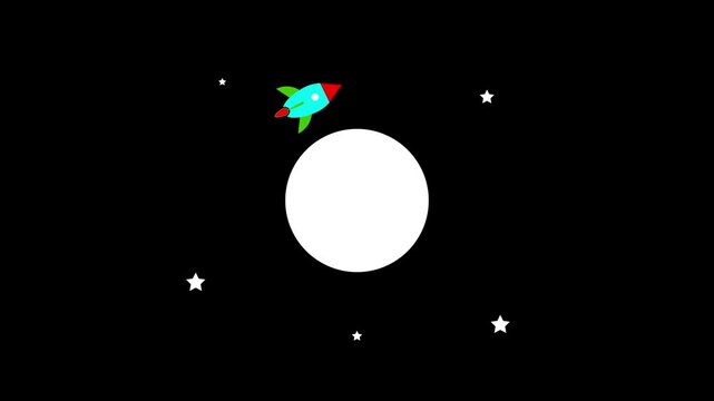 Rocket ship animation orbiting planet. Rocket ship digital space exploration symbol. Rocket ship science and technology graphic on black background for astronomy.