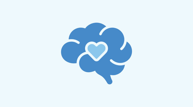 Blue brain icon with a heart shape in the center representing emotional intelligence and mental health