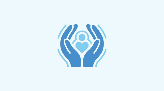 Vector icon of hands holding a heart and a person, representing care, support, and protection