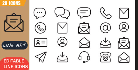 Isolated communication chat icons set, 20 editable line art icons set, message call email contact inbox send receive support, communication support tools, minimal clean outline vector © MD.Kawsar Hossan