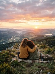Naklejka premium Two women sitting on a hill watching sunset