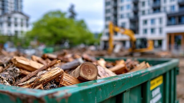 Green debris container on sunny construction site, concept of waste disposal and site management