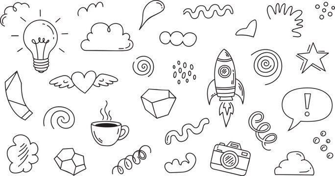 Black and white doodle idea, rocket, heart, coffee, camera