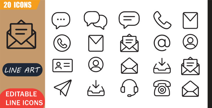 Isolated communication chat icons set, 20 editable line art icons set, message call email contact inbox send receive support, communication support tools, minimal clean outline vector