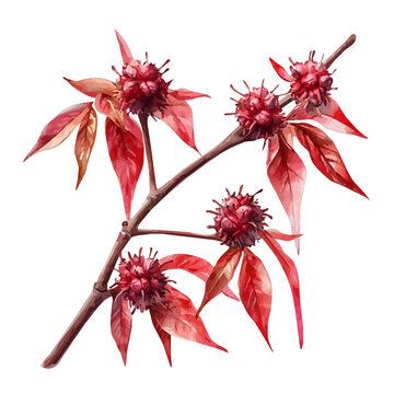 Castor Bean Branch, watercolor artwork with bold brush accents and dynamic composition, isolated on a white background.