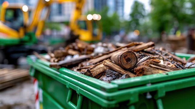 Green dumpster at building site filled with construction waste, cleanup and disposal concept