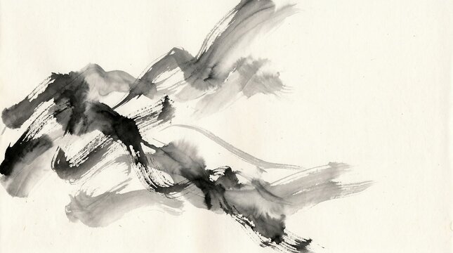 Minimalist black ink wash brush strokes depicting abstract mountain landscape on textured rice paper background.