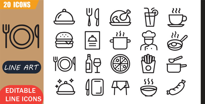 Isolated food restaurant icons set, 20 editable line art icons set, meal drink coffee fastfood menu kitchen cooking chef, food restaurant tools, minimal clean outline vector