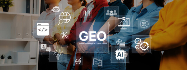Naklejka premium Digital marketing concept featuring GEO strategy, optimizing content for AI search engines and large language models. Evolution of SEO, brand authority, and AI citation visibility. Corpus