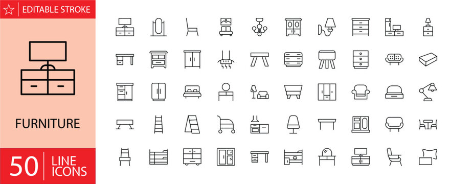 Furniture icons set. Containing dining table, bed, couch, tv table, sofa, kitchen, lamps, office chair, dressing table, book self, window and door. Vector illustration. Editable stroke. Outline icons.