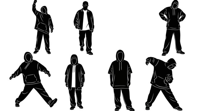 Set of seven diverse male figures in hoodie silhouettes