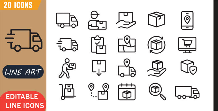 Isolated delivery shipping icons set, 20 editable line art icons set, courier package box truck logistics dispatch order tracking, delivery logistics tools, minimal clean outline vector