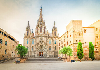 Fototapeta premium Square with cathedral church in Gotic quarter of Barcelona, Spain