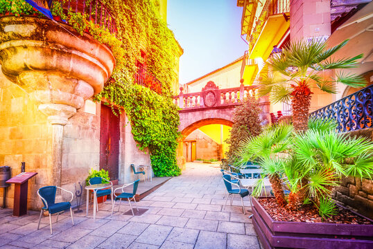 Poble Espanyol with sunlight, traditional architecture site in Barcelona, Catalonia Spain with sunlight