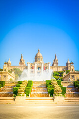 Obraz premium Square of Spain - facade of National museum of Barcelona with fountain, Spain