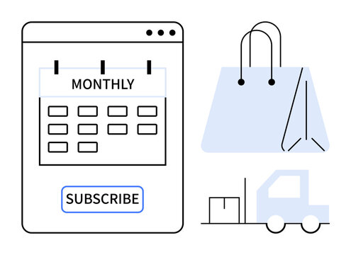 Subscription services, e-commerce, delivery systems, online shopping, retail trends, logistics. Calendar marked monthly, shopping bag and delivery truck. Subscription services and e-commerce theme