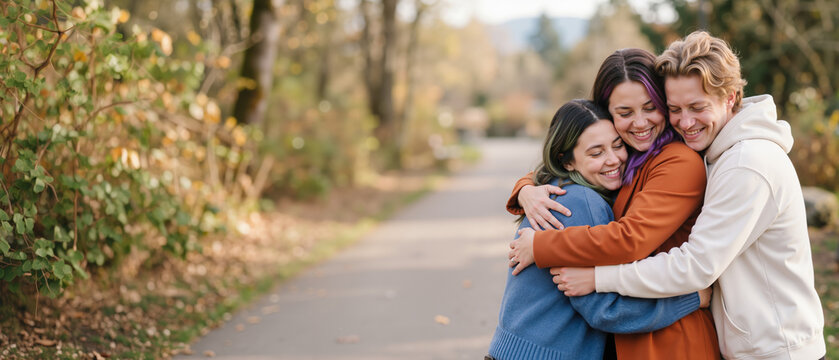 Two sisters and a brother hugging in a park. Happy siblings embracing outdoors with copy space for text