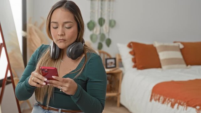 Woman holding red smartphone with both hands, fingers typing, black over ear headphones around neck, seated at study desk with books and bed visible in bedroom; concentration.