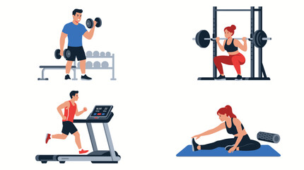 Fototapeta premium Gym Workout Illustration Set – Strength Training and Fitness Exercises in Modern Flat Style