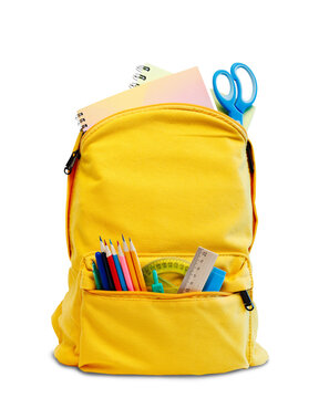 Back to school,  yellow backpack isolated on white, filled with school supplies. Pencils, scissors, and notebooks peek out. Perfect for the start of school year.